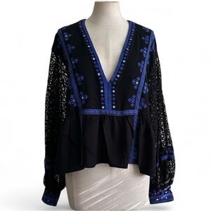 Free People BOOGIE ALL NIGHT Balloon LACE Blouse Post Sleeve sz MEDIUM